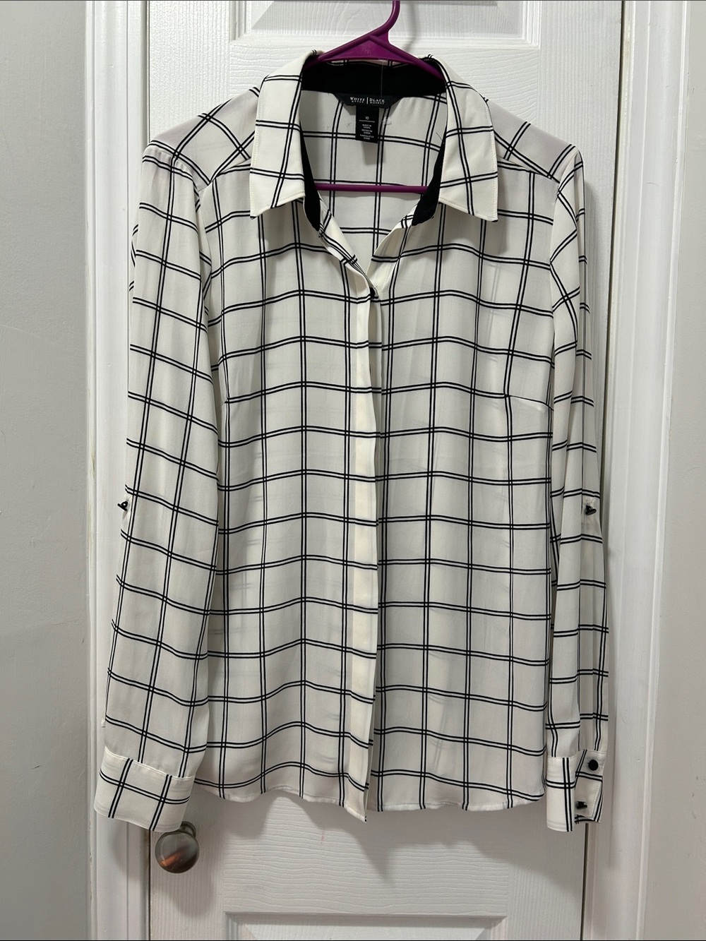 White House, Black market White Windowpane Button-Down Shirt with Black Grid